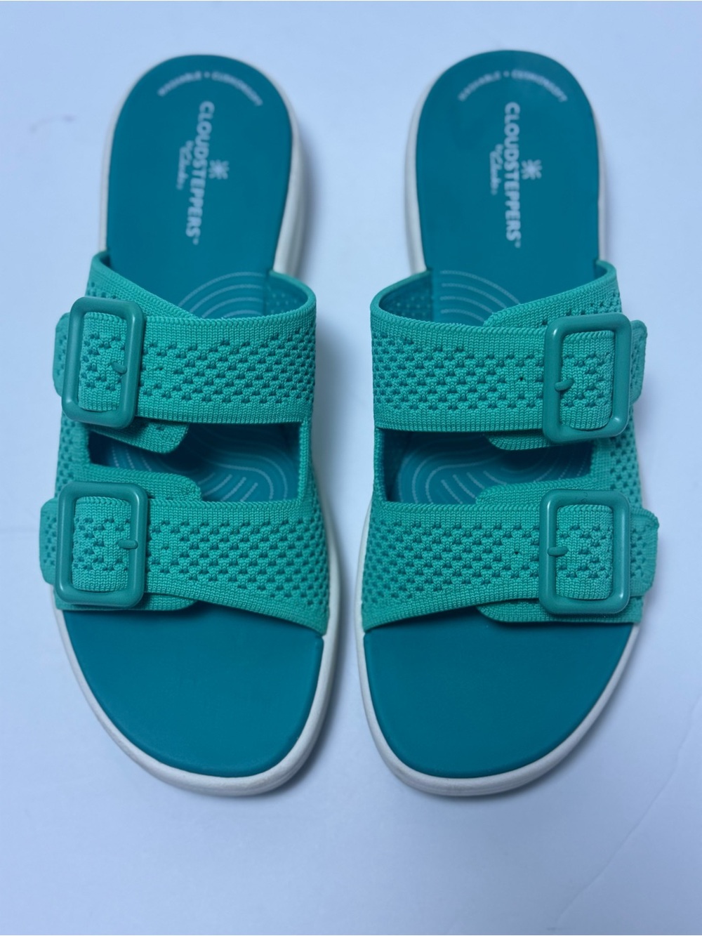 Clarks Cloudsteppers Teal Knit Buckle Slide Sandals Women’s 8.5 Cushionsoft
